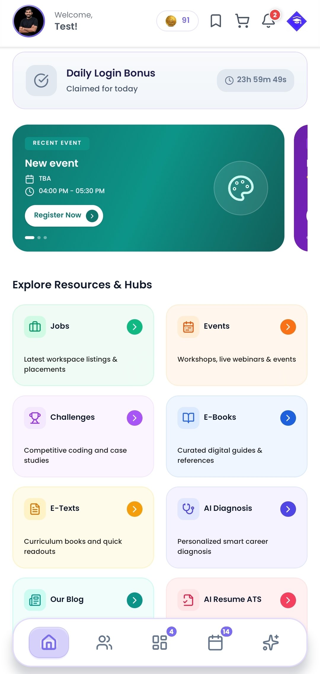 Intern Stump Mobile App Home