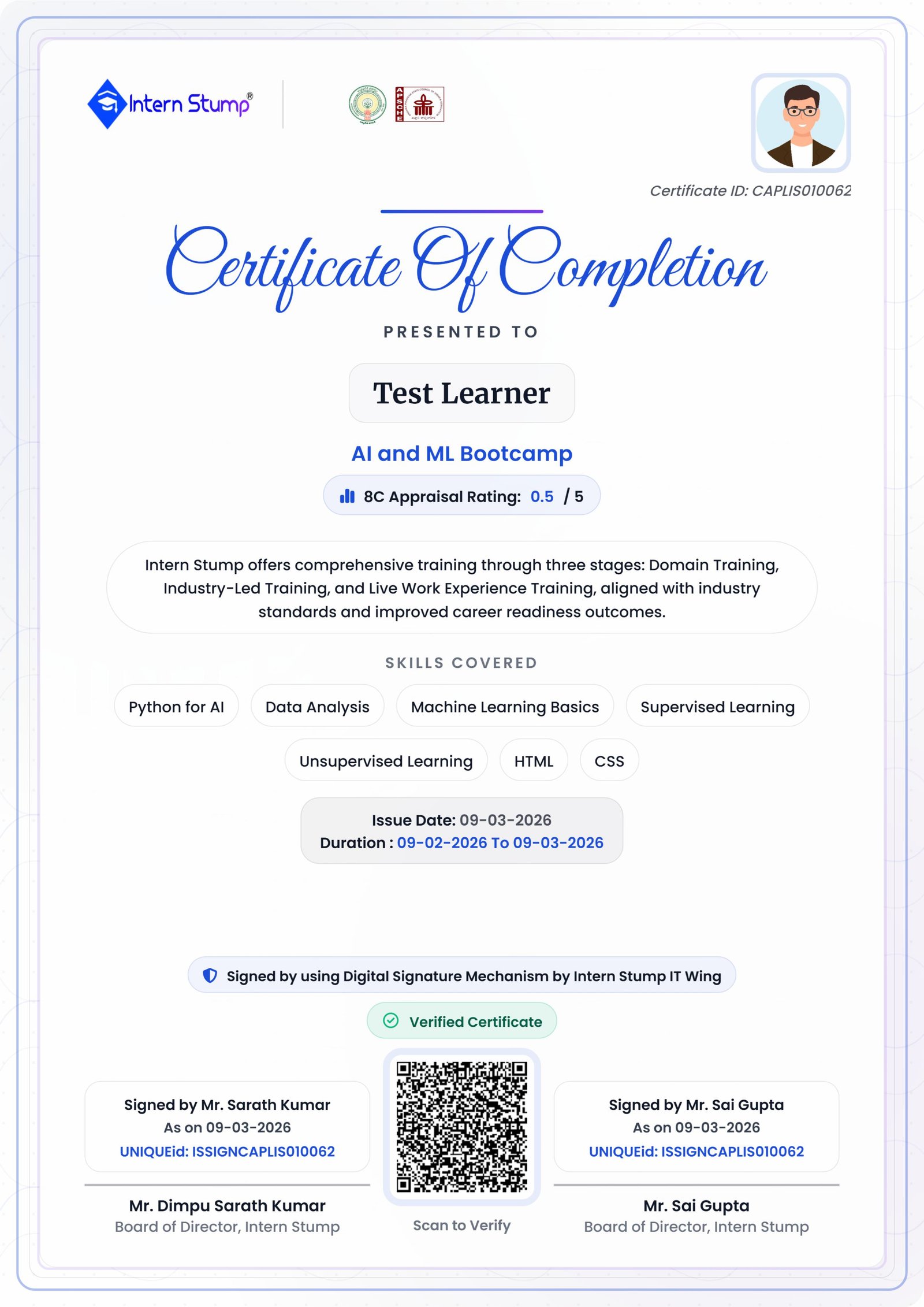 Intern Stump Sample Certificate